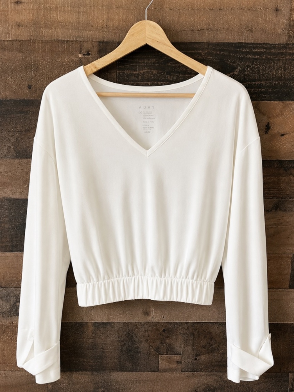 ADAY Top Cream Small V-Neck Cropped Minimalist Blouse